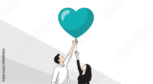 Couple reaching for a teal heart balloon
