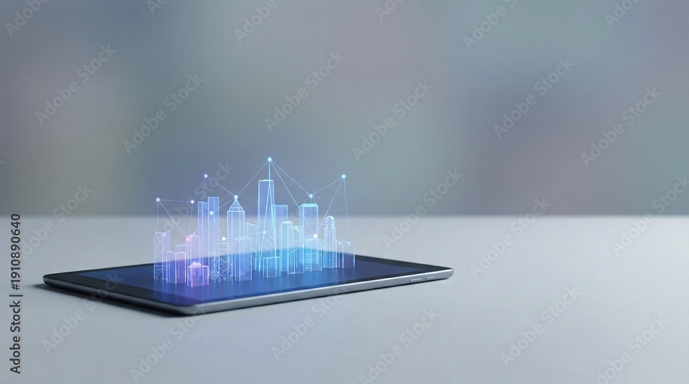 Fototapeta premium Digital tablet displays a holographic wireframe cityscape with connected data points floating above the screen surface in a bright setting.