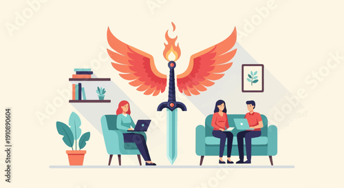 People working remotely in a cozy living room with a sword