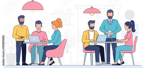 People collaborate and work on laptops in a modern cafe or office setting