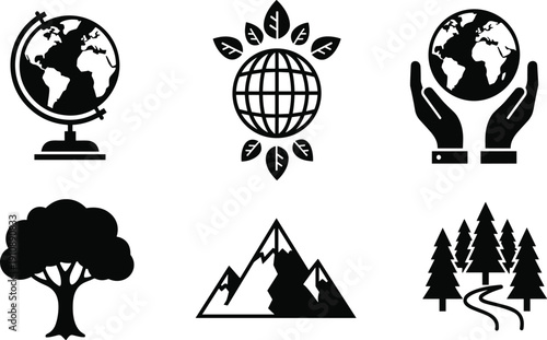 Environmental and Nature Conservation Icons Set, Globe Earth Tree Mountain Forest Silhouette Vector Illustration Collection