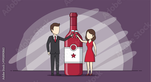 Couple Toasting with Wine Bottle. Celebration. Romantic Evening.