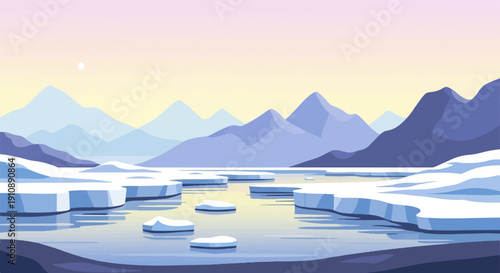 Pixelated arctic landscape with ice floes, mountains, and pale sun