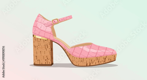 Pink quilted platform heel with cork texture and ankle strap