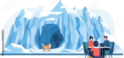 People gather in a cozy setting before a grand icy cave with a lone feline