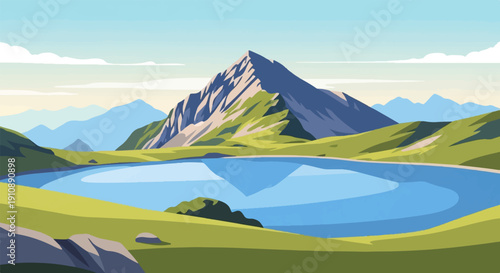 Pixel art mountain lake scene with rolling hills and distant peaks