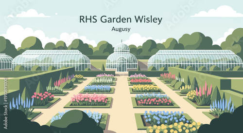 Pixel art of a botanical garden with greenhouses and flower beds