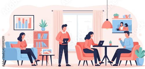 People working remotely in a modern, comfortable indoor space