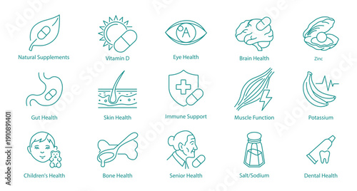 Natural Supplements, Minerals, and Healthcare Line Art