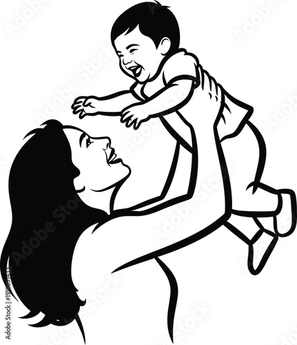 Mother tossing laughing baby in the air, joyful moment, illustration