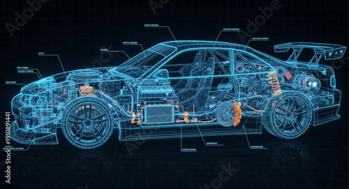 Transparent Car Wireframe Design Model.