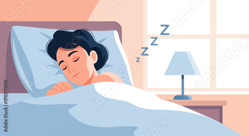 Person sleeping soundly in bed with soft lighting and zzzs