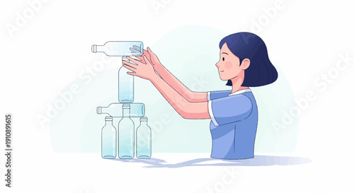 Person stacking clear glass bottles to build a tower