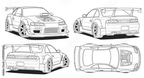 Tuning Car Sketch Set Multiple Views.
