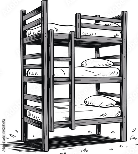 Modern wooden triple bunk bed vector illustration, space saving three tier sleeper furniture for children