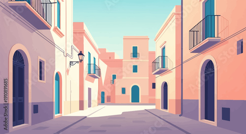 Pixelated Mediterranean street with pastel buildings and blue doors