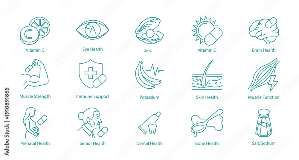 Fototapeta premium Medical, Skin Care, and Body Function Vector Line Symbols