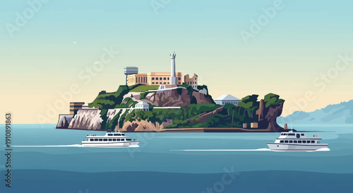 Pixel art of a fortified island prison with lighthouse and boats
