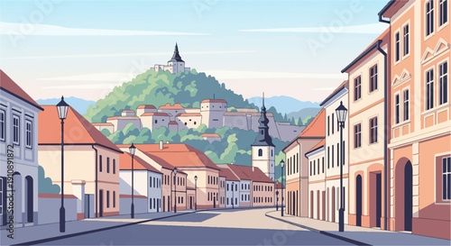 Pixel art of a European town with a castle on a hill