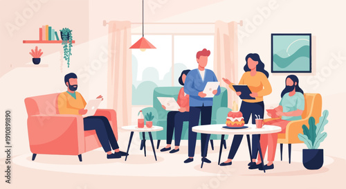 People gathered indoors, interacting with devices and celebrating a cake