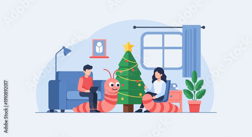 People and worm by Christmas tree in cozy room