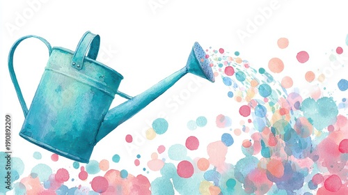 Watercolor Illustration of a Blue Watering Can Pouring Pastel Colored Splashes in a Gentle Stream
