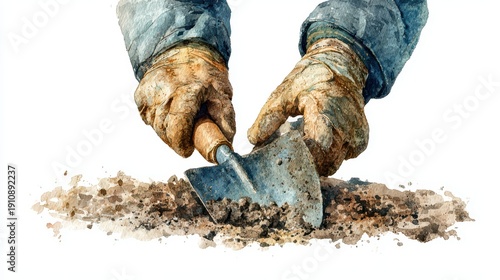 Watercolor Painting of Hands Wearing Gloves and Holding a Garden Trowel with Soil, Capturing the Essence of Gardening and Manual Labor in Art