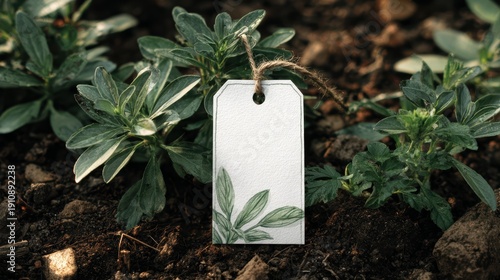 Watercolor Plant Tags in a Minimal Garden Bed Setting with Greenery and Earthy Tones for Nature and Gardening Enthusiasts