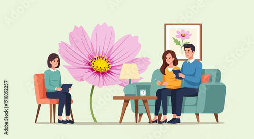 People sitting in a room with a flower and artwork
