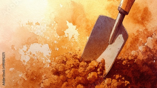 Watercolor Illustration of a Shovel Digging into Soft Soil with Warm Tones Highlighting Clean Earth and Textures for Artistic Nature Themes