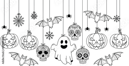Halloween Doodle Set with Pumpkins Ghost Skulls Bats and Spiders Hanging Isolated on White Background Vector IllustrationHalloween Doodle Set with Pumpkins Ghost Skulls Bats and 