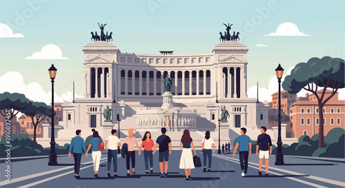 People stroll past grand architecture under a cloudy sky