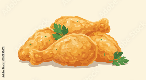 Pile of crispy, golden fried chicken pieces garnished with fresh parsley