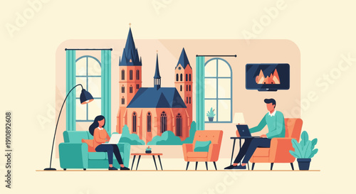 People working remotely with a view of a historic cathedral