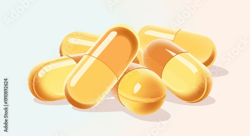 Pile of golden, glossy gel capsules, medicine, health, vitamins, supplements