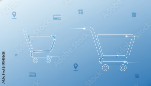 Digital shopping cart icons blue gradient background symbolize online shopping and e commerce. image includes subtle icons of credit card, location pin, and gift, enhancing theme of digital