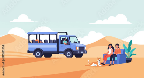 People and dog rest near a vehicle in a desert landscape with dunes
