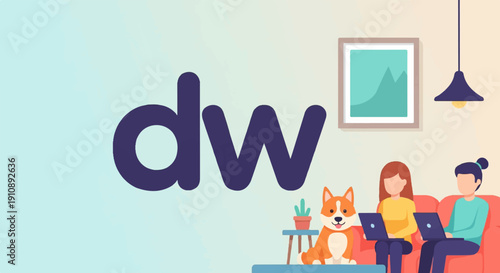 People and dog work on laptops indoors with artwork and lamp