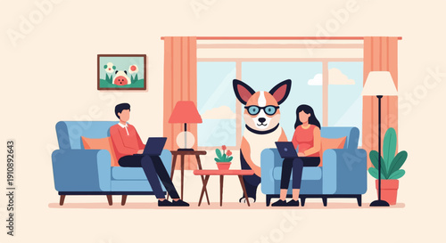 People and dog working on laptops at home on comfy sofas