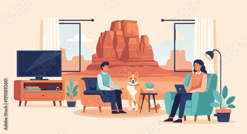 People and dog relaxing in a room with desert view