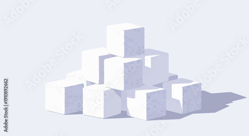 Pile of abstract white sugar cubes casting shadows on a light blue background