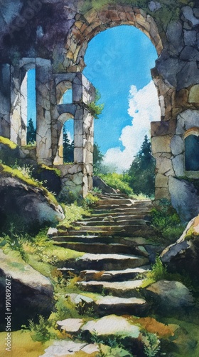Serene Stone Archway Surrounded by Lush Greenery and Pathway Under the Bright Blue Sky in Watercolor Style