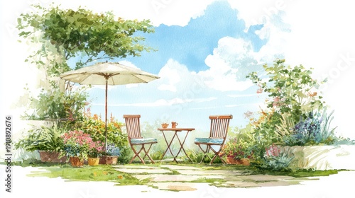 Serene Watercolor Garden Scene with Cozy Furniture, Enchanting Backyard Oasis Surrounded by Colorful Flowers and Lush Greenery Under a Soft Sky