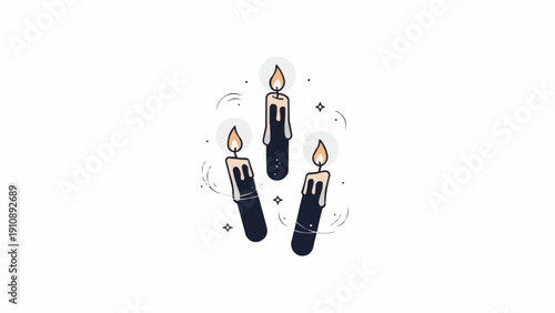 Three lit candles with melting wax.