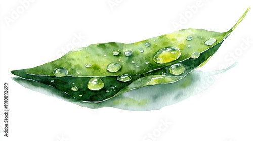 Watercolor Art Depicting Gentle Droplets on Leaf in Macro Style, Vibrant Greens and Soft Washes Highlighting Nature’s Beauty and Tranquility