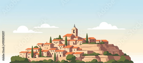 Picturesque village perched atop a gentle, layered hill under a soft sky