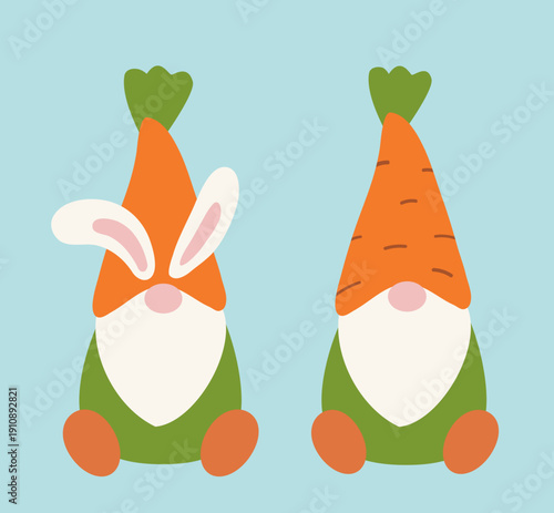 Cute Easter gnome with carrot hat illustration set.
Easter gnome wearing carrot hat vector clipart.
Spring holiday gnome character vector collection.