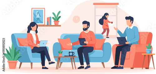 People working together on devices in a cozy living room