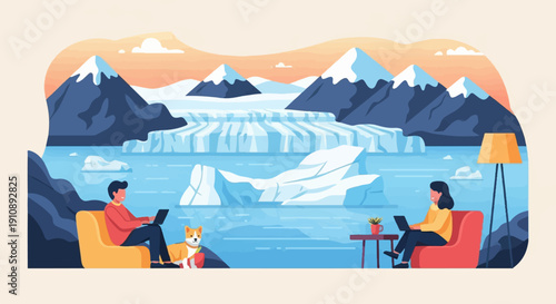 People working remotely with laptops amidst an arctic landscape with mountains and icebergs