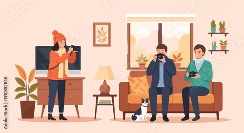 People taking photos indoors with a dog and plants